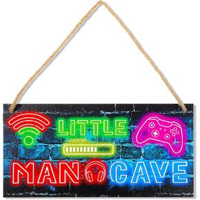 Gaming Decor for Boys Room Little Man Cave Neon Gaming Wooden Door Sign for Gamer Room Decor Kids Game Playroom Decorations Door Signs for Gamer Bedroom Nursery Playroom Wall Art