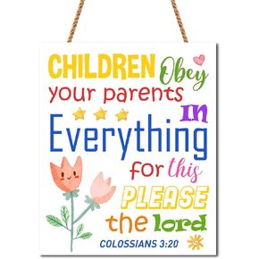Children Obey Your Parents Colossians 3:20 Wooden Hanging Decor,Christian Kids Scripture Wall Art,Sunday School Wall Decor,Inspirational Bible Verse Wooden Signs for Nursery Classroom Wall Decor