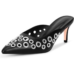 100FIXEO Women's Stiletto High Heel Studded Metal Eyelet Perforated Mule Pumps Slip On Pointed Toe Dress Shoes