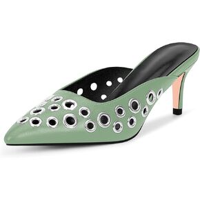 100FIXEO Women's Stiletto High Heel Studded Metal Eyelet Perforated Mule Pumps Slip On Pointed Toe Dress Shoes in Kuwait