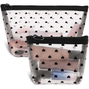 3Pcs Mini Cosmetic Bags, Heart Print Mini Zipper Mesh Bags, Lipstick Cosmetic Accessories Organizer, Mini Mesh Makeup Bag, Mini Zipper Mesh Cosmetic Bag for Women, Small Makeup Bag for Purse, 3 Colors