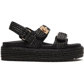 Women'S Platform Sandal, Raffia Woven Leather Slingback Sandal Comfortable Metal Buckle Double Adjustable Strap, Beach Slides