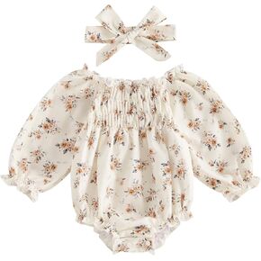 Sasaerucure Spring Infant Baby Girl Long Sleeve Romper Floral Bodysuit Headband Fall Winter Clothes