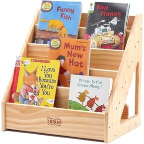 FUNLIO Montessori Bookshelf for Toddlers 1-5 Years, Front-Facing Kids Bookshelf with Handle & Anti-Tilting Device, Premium Pine Baby Bookshelf, Children's Bookcase for Nursery/Classroom, CPC Certified