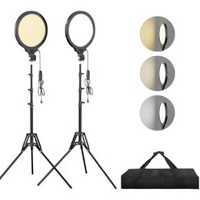 EMART 10'' LED Photography Video Light 2-Pack with 65'' Tripod Stand for Ring Light, YouTube Vlog, Barber, Makeup, Game Streaming, Tiktok, 2700-6500K Round Shape Panel, Full-Screen Zoom Lighting