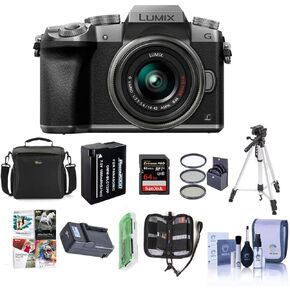 Panasonic LUMIX DMC-G7 Mirrorless Micro Four Thirds Camera with 14-42mm Lens, Silver - Bundle with Camera Case, 64GB SDXC U3 Card, Spare Battery, Tripod, 46mm Filter Kit, Software Package, and More