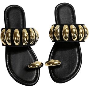 GORGLITTER Women's Metallic Toe Ring Flat Sandals Open Toe Jeweled Wide Width Slide Sandals