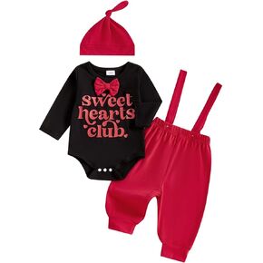 Newborn Baby Boy Valentines Day Outfit Letter Print Long Sleeve Bowtie Romper Suspender Overall Pants Hat 3Pcs Set