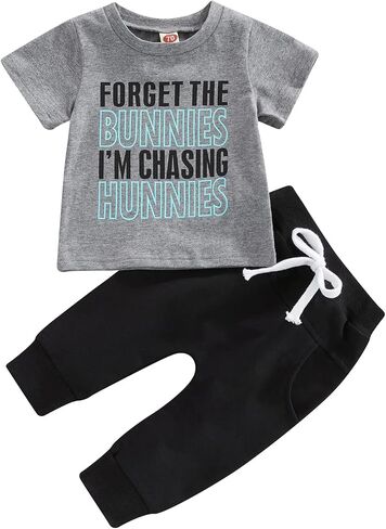 Baby Boy Easter Outfit Letter Rabbit Printed T-shirt Short Sleeve Top Pants My First Easter Baby Boy Outfit in Kuwait