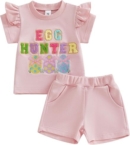 Baby Girl Boy Easter Outfit Toddler Easter Eggs Hunt Crewneck Short Sleeve Shirt Kids Pants Spring Summer Clothes in Saudi Arabia