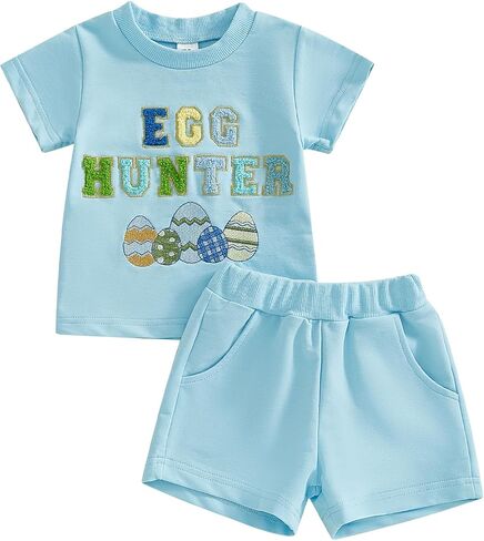 Baby Girl Boy Easter Outfit Toddler Easter Eggs Hunt Crewneck Short Sleeve Shirt Kids Pants Spring Summer Clothes in Saudi Arabia
