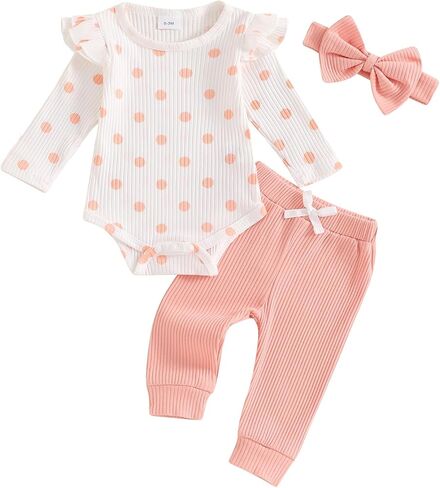 MBMSHEGH Baby Girls Fall Outfit, Long Sleeve Dots Print Romper with Pants and Bowknot Headband Clothing Set in Kuwait
