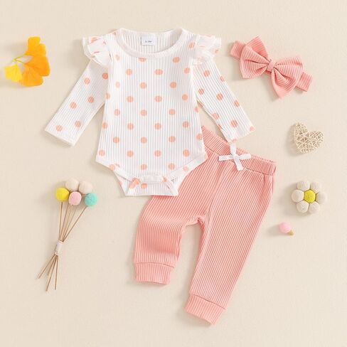 MBMSHEGH Baby Girls Fall Outfit, Long Sleeve Dots Print Romper with Pants and Bowknot Headband Clothing Set in Kuwait