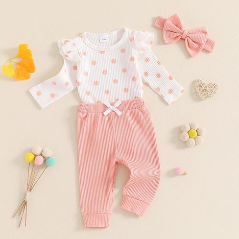 MBMSHEGH Baby Girls Fall Outfit, Long Sleeve Dots Print Romper with Pants and Bowknot Headband Clothing Set in Kuwait