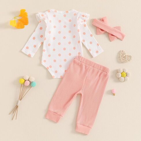 MBMSHEGH Baby Girls Fall Outfit, Long Sleeve Dots Print Romper with Pants and Bowknot Headband Clothing Set in Kuwait