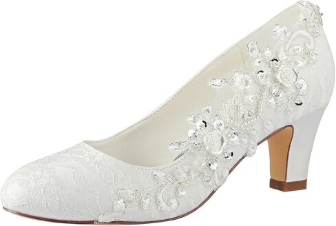 Emily Bridal Wedding Shoes Women's Silk Like Satin Chunky Heel Pumps with Stitching Lace Flower Crystal Pearl in Kuwait