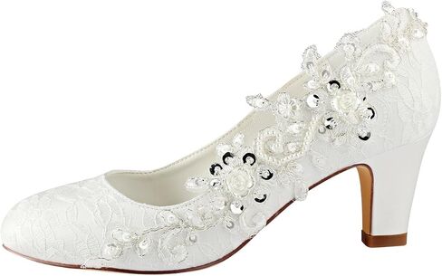 Emily Bridal Wedding Shoes Women's Silk Like Satin Chunky Heel Pumps with Stitching Lace Flower Crystal Pearl in Kuwait