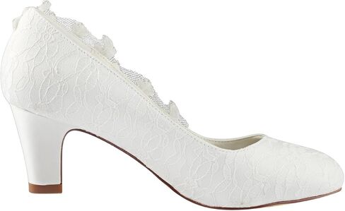 Emily Bridal Wedding Shoes Women's Silk Like Satin Chunky Heel Pumps with Stitching Lace Flower Crystal Pearl in Kuwait