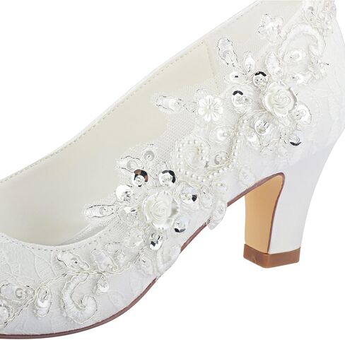 Emily Bridal Wedding Shoes Women's Silk Like Satin Chunky Heel Pumps with Stitching Lace Flower Crystal Pearl in Kuwait