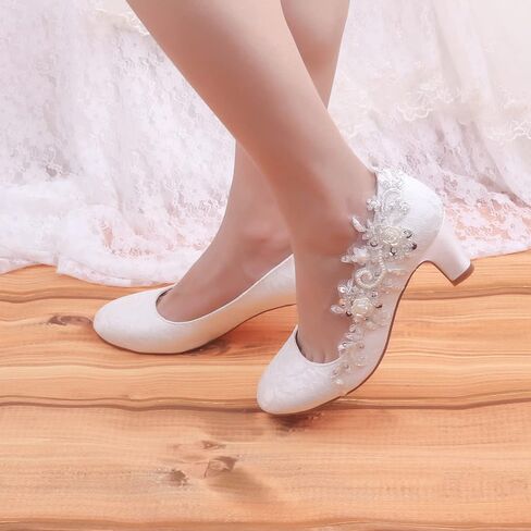 Emily Bridal Wedding Shoes Women's Silk Like Satin Chunky Heel Pumps with Stitching Lace Flower Crystal Pearl in Kuwait