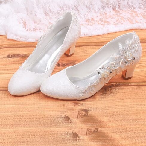 Emily Bridal Wedding Shoes Women's Silk Like Satin Chunky Heel Pumps with Stitching Lace Flower Crystal Pearl in Kuwait