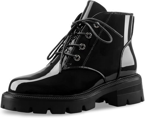 Lug Sole Chunky Heel Short Combat Boots Fashion Ankle Booties Low Heeled Platform Black Oxford Shoes with Side Zipper and Lace Up for Women Ladies Cute in Saudi Arabia