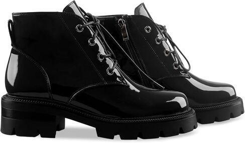 Lug Sole Chunky Heel Short Combat Boots Fashion Ankle Booties Low Heeled Platform Black Oxford Shoes with Side Zipper and Lace Up for Women Ladies Cute in Saudi Arabia