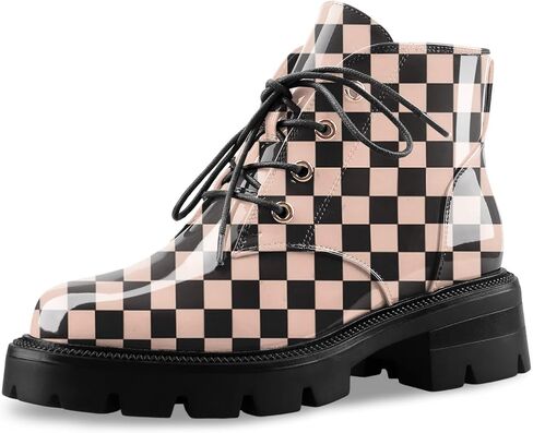 Lug Sole Chunky Heel Short Combat Boots Fashion Ankle Booties Low Heeled Platform Black Oxford Shoes with Side Zipper and Lace Up for Women Ladies Cute in Saudi Arabia