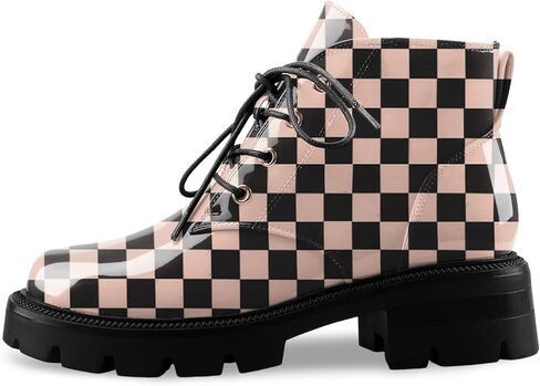 Lug Sole Chunky Heel Short Combat Boots Fashion Ankle Booties Low Heeled Platform Black Oxford Shoes with Side Zipper and Lace Up for Women Ladies Cute in Saudi Arabia