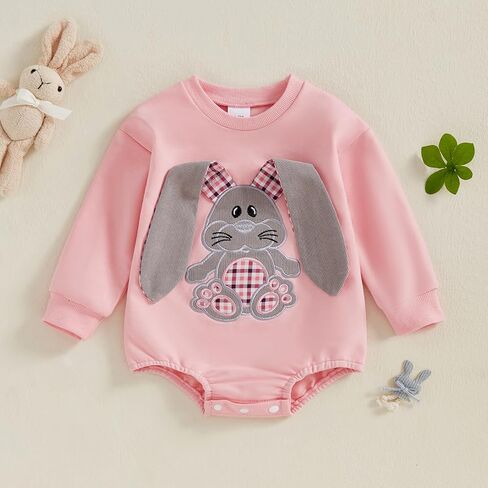 FIOMVA Baby Boy Girl Easter Outfit Infant Bunny Bubble Romper Oversized Sweatshirt Newborn Bodysuit Top Spring Clothes in Saudi Arabia