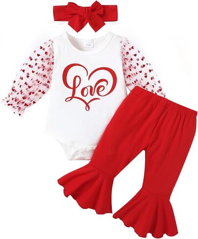 Baby Girl Valentine's Clothes Day LOVE Print Long Sleeve Romper + Bell-Bottomed Pants 3Pcs Outfits in Saudi Arabia