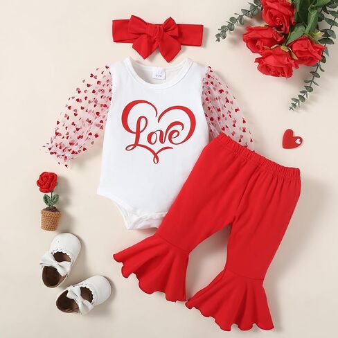 Baby Girl Valentine's Clothes Day LOVE Print Long Sleeve Romper + Bell-Bottomed Pants 3Pcs Outfits in Saudi Arabia