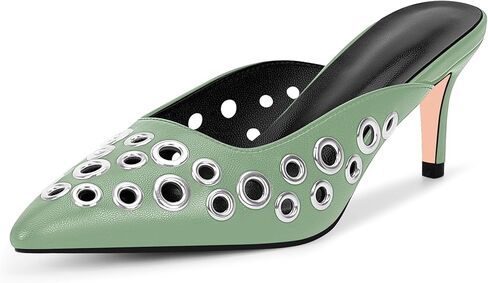 100FIXEO Women's Stiletto High Heel Studded Metal Eyelet Perforated Mule Pumps Slip On Pointed Toe Dress Shoes in Kuwait