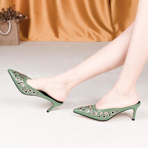 100FIXEO Women's Stiletto High Heel Studded Metal Eyelet Perforated Mule Pumps Slip On Pointed Toe Dress Shoes in Kuwait