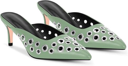 100FIXEO Women's Stiletto High Heel Studded Metal Eyelet Perforated Mule Pumps Slip On Pointed Toe Dress Shoes in Kuwait