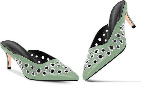 100FIXEO Women's Stiletto High Heel Studded Metal Eyelet Perforated Mule Pumps Slip On Pointed Toe Dress Shoes in Kuwait