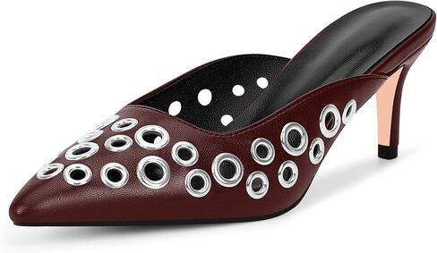 100FIXEO Women's Stiletto High Heel Studded Metal Eyelet Perforated Mule Pumps Slip On Pointed Toe Dress Shoes in Saudi Arabia