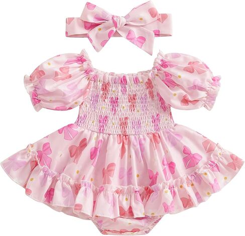 Newborn Infant Baby Girl Smocked Bubble Summer Short Sleeve Romper Dress Pink Bow Onesie + Headband in Saudi Arabia