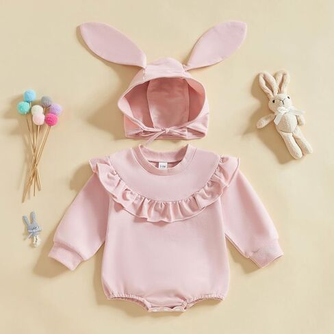 My First Easter Baby Girl Outfit Long Sleeve Romper Pompom Onesie Newborn Girl Outfits Clothes with Bunny Hat in Saudi Arabia