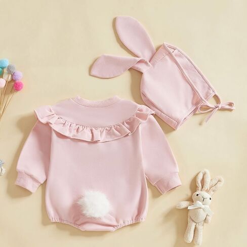 My First Easter Baby Girl Outfit Long Sleeve Romper Pompom Onesie Newborn Girl Outfits Clothes with Bunny Hat in Saudi Arabia