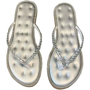 TOKYO-T Silver Flat Sandals for Women Dressy Glitter Flip Flops Cushioned Soft Thong Shoes Size 9