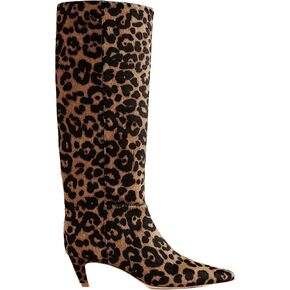 Women's Leopard Print Knee High Boots Square Toe Kitten Heel Pull-on Tall Boots Fashion Fall Boot