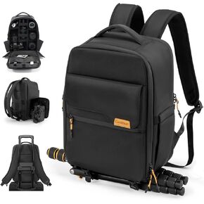 Cwatcun 420D Twill Material Camera Backpack with Tripod Holder, Laptop Compartment, Compact Travel Photography Bag Case for Canon Nikon Sony DSLR SLR Mirrorless Camera，and Lens Accessories, Black