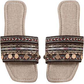 Women's Boho Sandals Tribal Flat Sandals Dressy Square Open Toe Single Band Summer Slide Shoes Beach