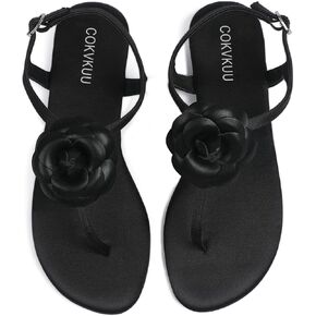 Women's Black Satin Floral Sandals with T-Strap, Herringbone Sole Fashionable and comfortable satin sandals for beach party shopping