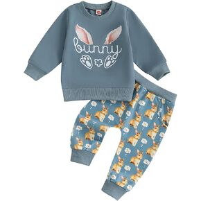MoZiKQin Toddler Baby Girl Boy Easter Outfit Bunny Embroidery Crewneck Sweatshirt and Pants Easter Spring Clothes Set