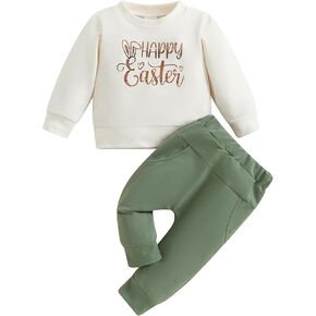 Infant Boy Easter Outfit Toddler Baby Boy Easter Clothes Letter Bunny Long Sleeve Sweatshirt and Pants Set