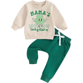 Baby Boy St Patrick's Day Clothes Mama's Lucky Charm Long Sleeve Clover Sweatshirt and Pants Set Toddler Outfit