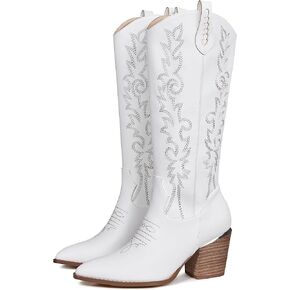 AMINUGAL Cowboy Boots For Women Wide Calf Pull On Knee High Cowgirl Boots Women Chunky Heel Embroidered Western Boots Women Knee High Boots