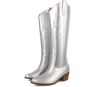 AMINUGAL Cowboy Boots For Women Wide Calf Pull On Knee High Cowgirl Boots Women Chunky Heel Embroidered Western Boots Women Knee High Boots